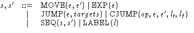 $ \begin{array}
{@{\hspace{0ex}}lcl}
s, s' &::=& \mbox{MOVE}(e, e') \mid \mbox{E...
 ..., e, e', l_t, l_f) \\  &\mid& \mbox{SEQ}(s, s') \mid \mbox{LABEL}(l)\end{array}$